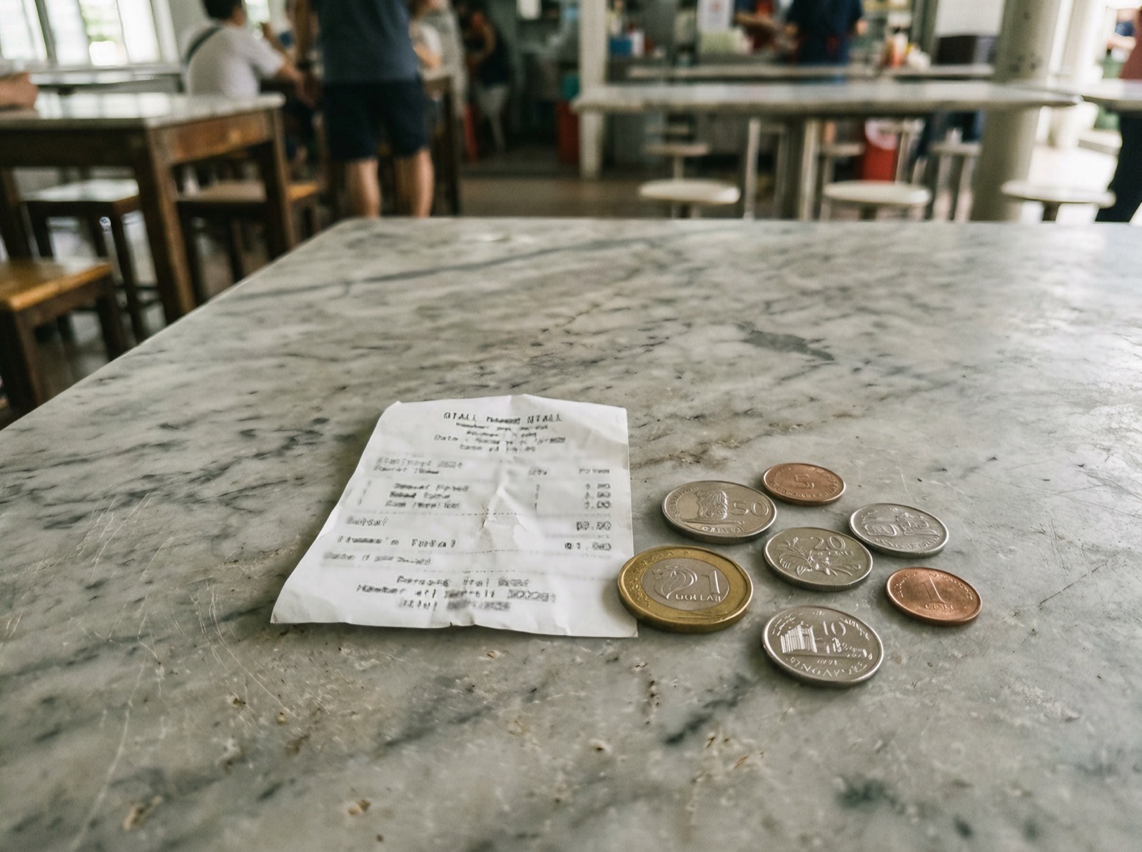 A hawker centre receipt and a few coins on a wooden table